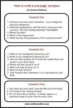 How to Write a One Page Synopsis by Amanda Patterson. Source: http://writerswrite.co.za/